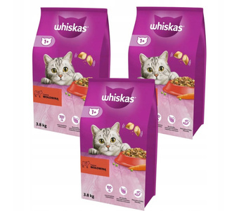WHISKAS Adult 11,4 kg (3 x 3,8 kg): alimento seco completo para gatos adultos, con deliciosa carne de res