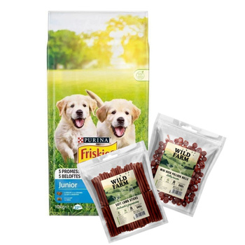 PURINA Friskies Junior 15kg & WILD FARM 2 premios para perros de 500 g (SABORES MIXTOS)