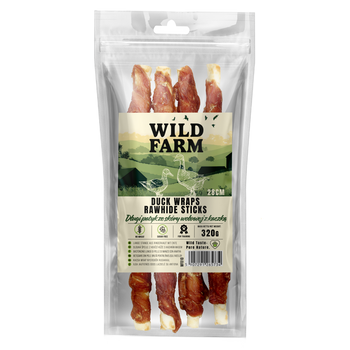 WILD FARM Palito largo de piel de vacuno con pato 28cm 320g golosinas para perros