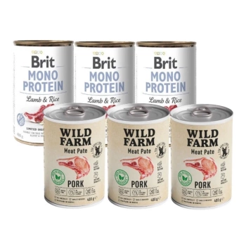 Brit Mono Protein con Cordero y Arroz 3x400g & WILD FARM Paté de Cerdo 3x400g alimento sin gluten para perros