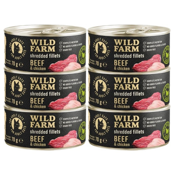WILD FARM Fillets Beef & Chicken 6x70g - comida húmeda para gatos sin cereales en caldo
