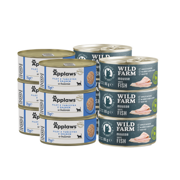 APPLAWS Filete de Atún con Cangrejo en Caldo Lata 6x70g + WILD FARM Mousse Pescado Blanco 6x80g - mousse sin cereales para gatos