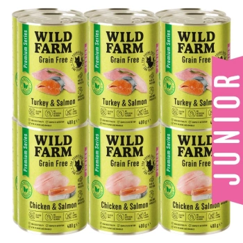 WILD FARM Premium Grain Free Pavo y Salmón / Pollo y Salmón Junior 12x400g - alimento sin cereales para gatitos