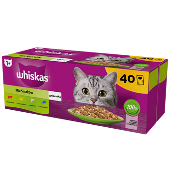 WHISKAS Adult bolsitas 40 x 85 g Mezcla de sabores - comida húmeda para gatos adultos en gelatina (cortes con: ternera, pollo, salmón, atún)