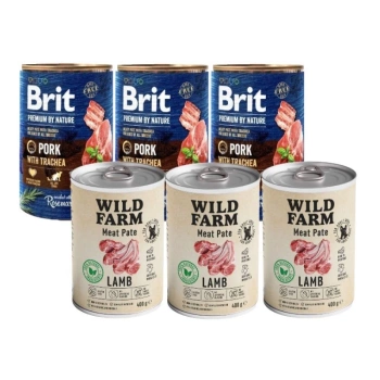 Brit Premium By Nature Carne de cerdo con tráquea 3x400g & WILD FARM Paté de cordero 3x400g alimento sin gluten para perros
