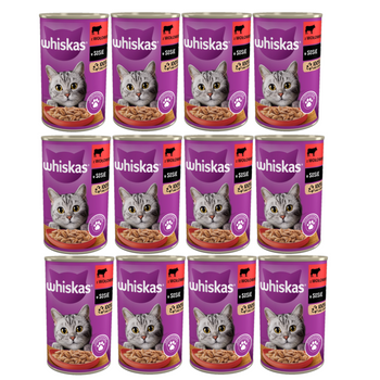 WHISKAS Comida húmeda para gatos 1+ con ternera en salsa 12x400g
