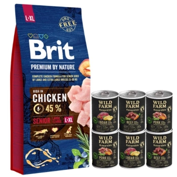 Brit Premium By Nature Senior L+XL con Pollo 15kg & WILD FARM Monoprotein Mix Flavors 6x400g alimento hipoalergénico para perros