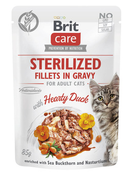 BRIT CARE Gato Esterilizado Filetes en Salsa con Pato Enriquecido con Espino Amarillo y Capuchina 85g
