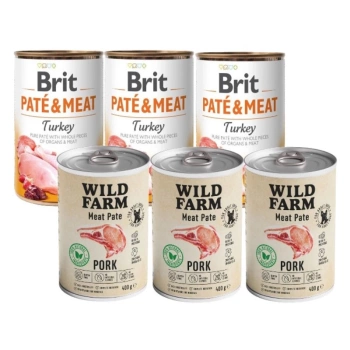 Brit Pate y Carne con Pavo 3x400g & WILD FARM Paté de Cerdo 3X400g alimento sin gluten para perros