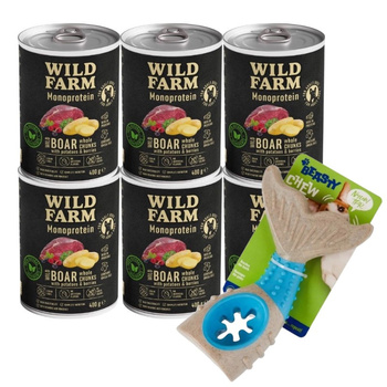 Wild Farm Monoprotein Jabalí 6x400g alimento hipoalergénico para perros & Juguete masticable de hueso de perro de 18 cm (patrón aleatorio)