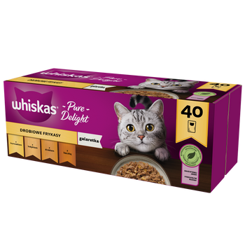 WHISKAS Adultos bolsitas 40 x 85 g Buñuelos de ave - comida húmeda en gelatina para gatos adultos (piezas con: pollo, pavo, ave, pato)