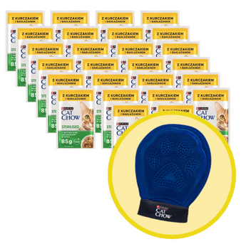 CAT CHOW Sterilised Comida para gatos con pollo y berenjena en salsa 26x85g + Guante de aseo - Cat Chow