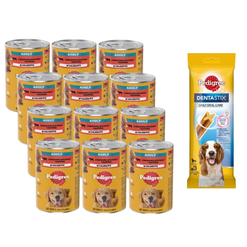 Pedigree Adult Comida húmeda para perros con gelatina de ternera 12x1200g + DentaStix ¡GRATIS!
