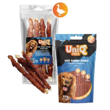 UNIQ PETS snacks para perros 320g Palito largo de piel de ternera con pato 28cm & UNIQ PETS premios para perros tiras de conejo de 80 g