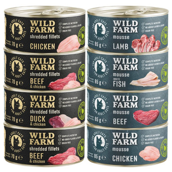 WILD FARM Mezcla de sabores 4x85g + 4x70g - alimento para gatos sin cereales