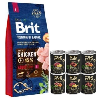 Brit Premium By Nature Adulto L con Pollo 15kg & WILD FARM Monoprotein Mix Flavors 6x400g alimento hipoalergénico para perros