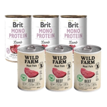 Brit Mono Protein Cordero 3x400g & WILD FARM Paté de ternera 3x400g alimento sin gluten para perros