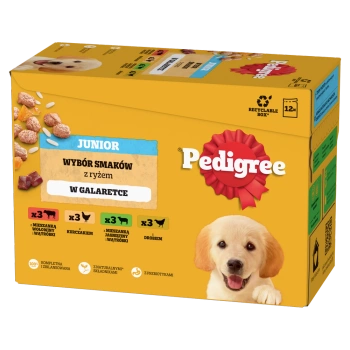 Pedigree Puppy Comida Húmeda Mezcla de Sabores Pollo y Arroz, Cordero y Arroz, Aves y Arroz y Ternera y Arroz en Jalea 12x100g