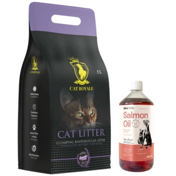 Cat Royale Arena de bentonita Lavanda 5l & LAB V Aceite de salmón para perros y gatos 1000ml