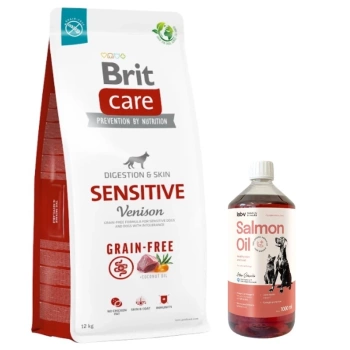BRIT CARE Grain-free Sensitive Venado 12kg & LAB V Olio di Salmone per cani e gatti 1000ml