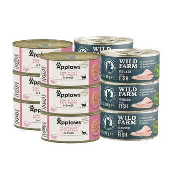 APPLAWS Filete de Atún con Gambas en Caldo Lata 6x70g + WILD FARM Mousse Pescado Blanco 6x80g - mousse sin cereales para gatos