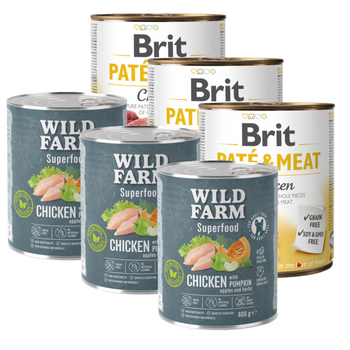 Brit Pate & Carne con Pollo 3x800g + WILD FARM Superfood Chicken (Pollo con calabaza, manzana y hierbas) 3x800g pienso para perros sin cereales