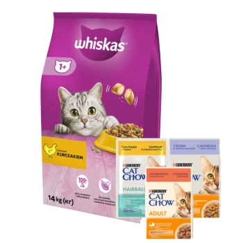 WHISKAS Comida Seca para Gatos 1+ con Pollo 14kg + PURINA Cat Chow/ Pro Plan 3x85g GRATIS (Sabores enviados aleatoriamente)