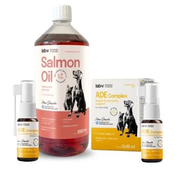 Lab-v ADE Complex – Complejo de vitaminas A, D y E en forma de spray para perros y gatos 2 x 10ml & Lab-V Aceite de Salmón 100% Para Perros y Gatos de Todas las Edades 1000 ml Prensado en Frío