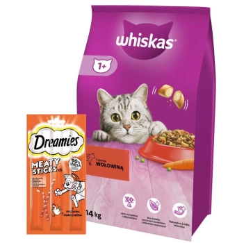 WHISKAS Alimento Seco para Gatos 1+ con Carne de Buey 14kg + DREAMIES 30 g ¡GRATIS!