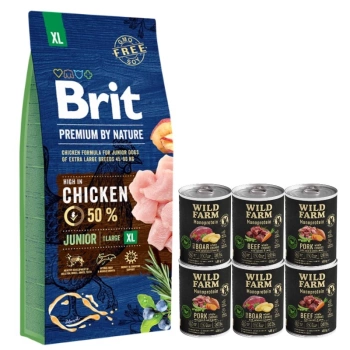 Brit Premium By Nature Junior XL con Pollo 15kg & WILD FARM Monoprotein Mix Flavors 6x400g alimento hipoalergénico para perros