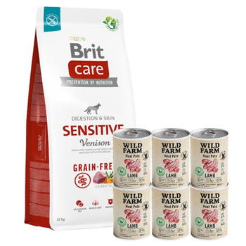 BRIT CARE Grain-free Sensitive Venado 12kg & WILD FARM Paté de cordero 6x400g alimento sin gluten para perros