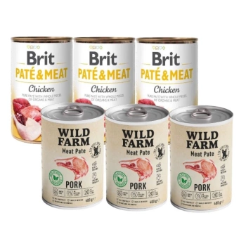Brit Pate y Carne con Pollo 3x400g & WILD FARM Paté de Cerdo 3x400g alimento sin gluten para perros