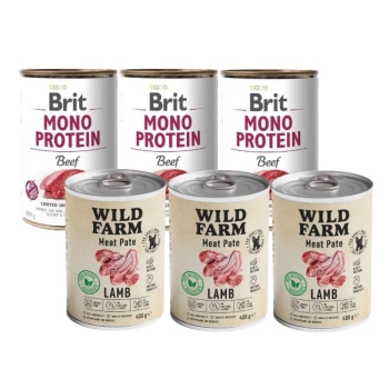 Brit Mono Protein Ternera 3x400g & WILD FARM Paté de cordero 3x400g alimento sin gluten para perros