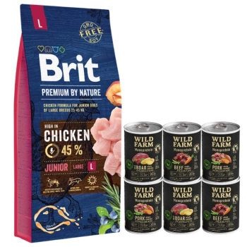 Brit Premium By Nature Junior L con Pollo 15kg & WILD FARM Monoprotein Mix Flavors 6x400g alimento hipoalergénico para perros