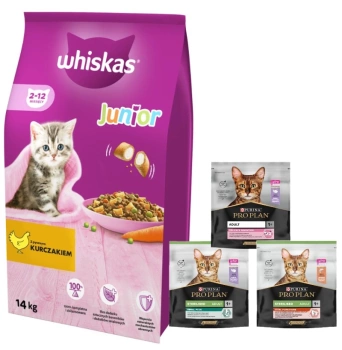 WHISKAS Alimento Seco para Gatitos Junior con Pollo 14kg + comida para gatos 400g ¡GRATIS! (sabor aleatorio)