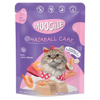 MOOCHIE Hairball Control con gambas 70 g favorece la digestión, ayudando a controlar y reducir las bolas de pelo.