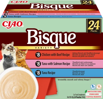 INABA Cat Ciao Bisque - alimento complementario para gatos sopa crema con pollo, ternera, atún y salmón 24x40g