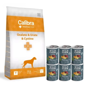 Calibra Veterinary Diets Perro Oxalato, Orina, Cistina 12 kg & WILD FARM Superfood Beef 6x400g alimento para perros sin cereales