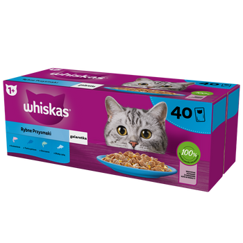 WHISKAS Adult bolsitas 40 x 85 g Fishy Treats - comida húmeda para gatos adultos en gelatina (trozos con: salmón, atún, bacalao, pescado blanco)