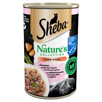 SHEBA lata 6x400 g Nature's Collection - alimento húmedo completo para gatos adultos, con salmón aderezado con ñame y judías verdes, en salsa