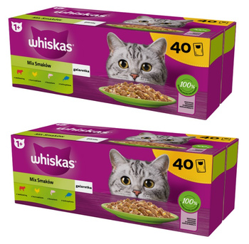 WHISKAS Adult bolsitas 2x(40 x 85 g)  Mezcla de sabores - comida húmeda para gatos adultos en gelatina (cortes con: ternera, pollo, salmón, atún)