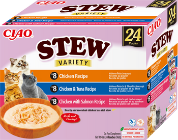 INABA Cat Ciao Guiso alimento complementario para gatos con sabor a pollo, atún y salmón 24x40g