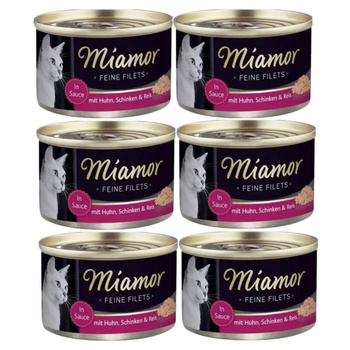 Miamor Feine Filetes en gelatina - comida húmeda para gatos pollo con jamón y arrozlata de 6x100g