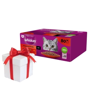 WHISKAS Adult sachets 80 x 85 g Classic Meals - comida húmeda para gatos adultos, en salsa (cortes con: ternera, pollo, cordero, ave) + ¡Sorpresa GRATIS para el gato!