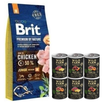 Brit Premium By Nature Junior M con Pollo 15kg & WILD FARM Monoprotein Mix Flavors 6x400g alimento hipoalergénico para perros
