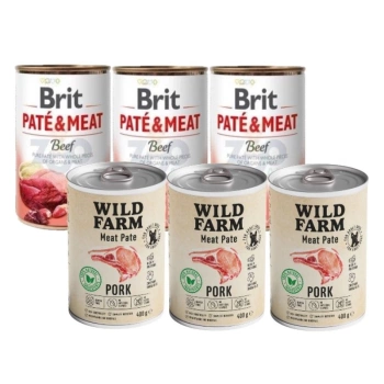 Brit Pate & Carne con Ternera 3x400g & WILD FARM Paté de Cerdo 3x400g alimento sin gluten para perros