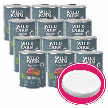 WILD FARM Superfood Jabalí (Venado con boniato, bayas y hierbas) 12x800g pienso para perros sin cereales + tapa de lata gratis