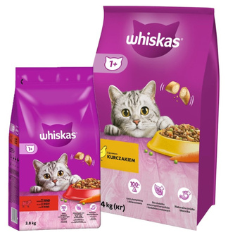WHISKAS Adult 14 kg - alimento seco para gatos con pollo y verduras y WHISKAS Adult 3,8 kg - alimento seco completo para gatos adultos, con deliciosa carne de res