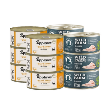 APPLAWS Pechuga de Pollo con Queso en Caldo 6x70g + WILD FARM Mousse Pescado Blanco 6x80g - mousse sin cereales para gatos