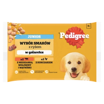 PEDIGREE Junior sobre 4x100 g - Selección de sabores con arroz en gelatina, un alimento húmedo completo para perros en crecimiento (trozos ricos en pollo y trozos ricos en una mezcla de carne de vacuno e hígado)